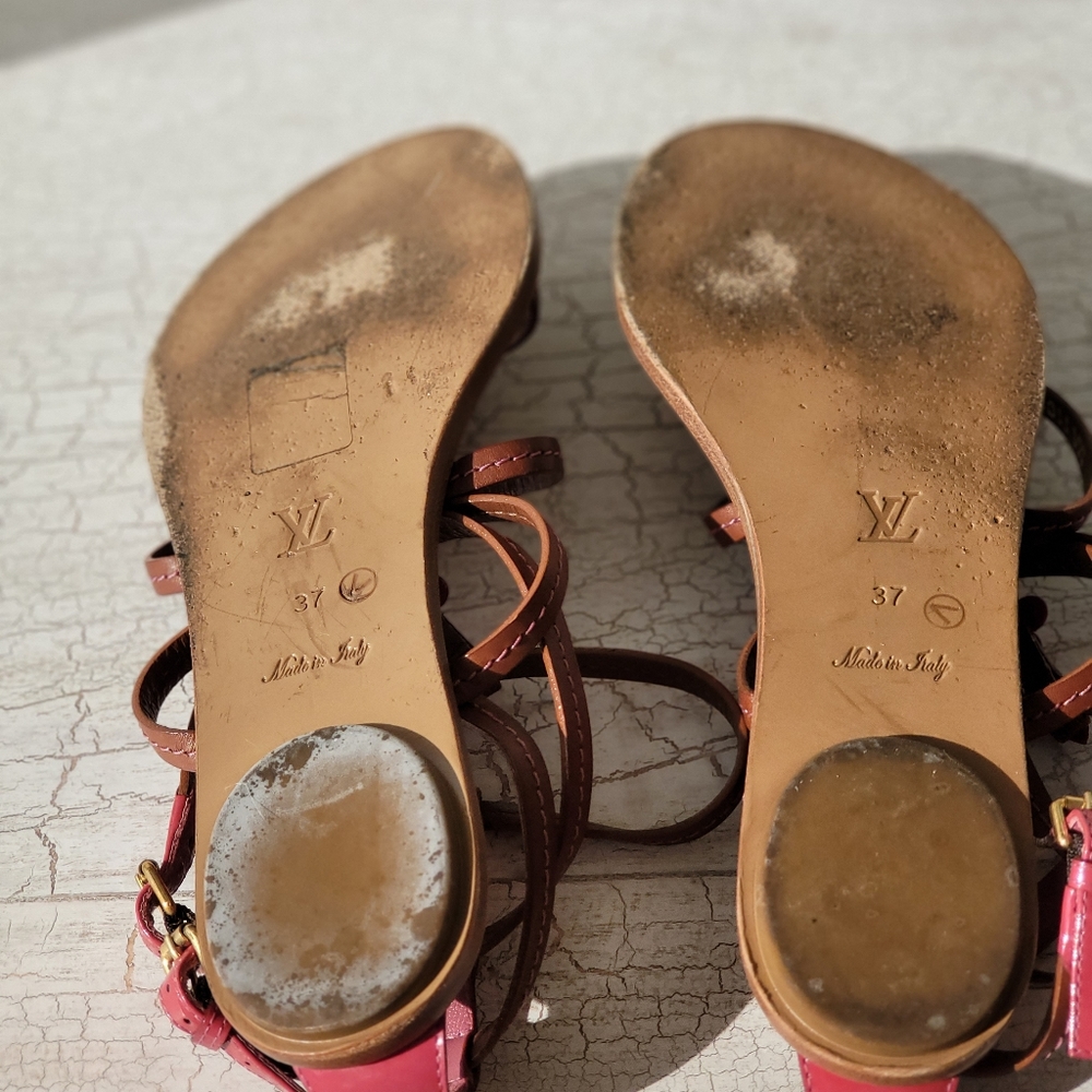 Authentic size 37 Louis Vuitton cage sandals brown leather & dark pink flowers - Picture 8 of 9
